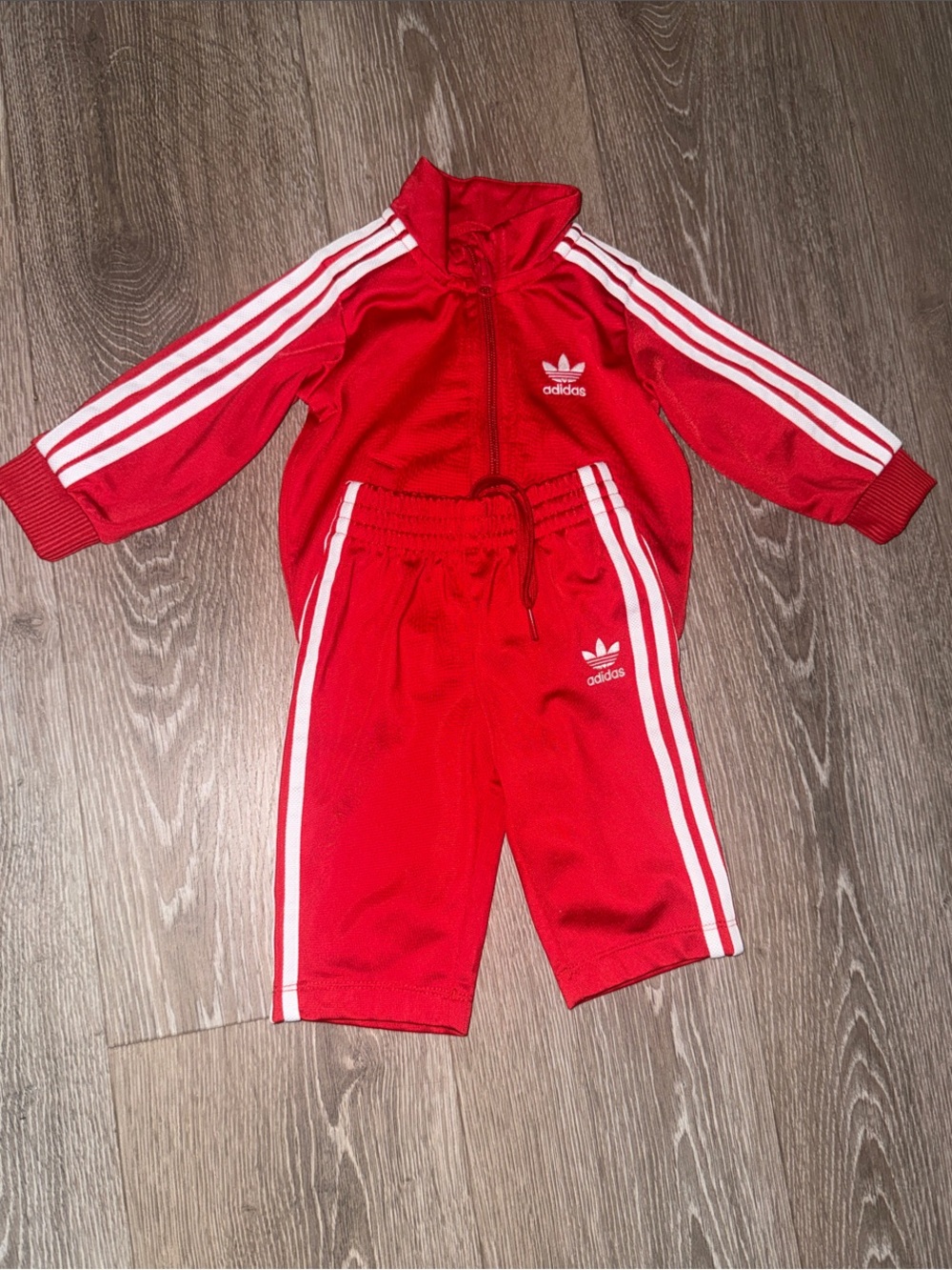 adidas Red Track Jacket and Pants Set with White Stripes